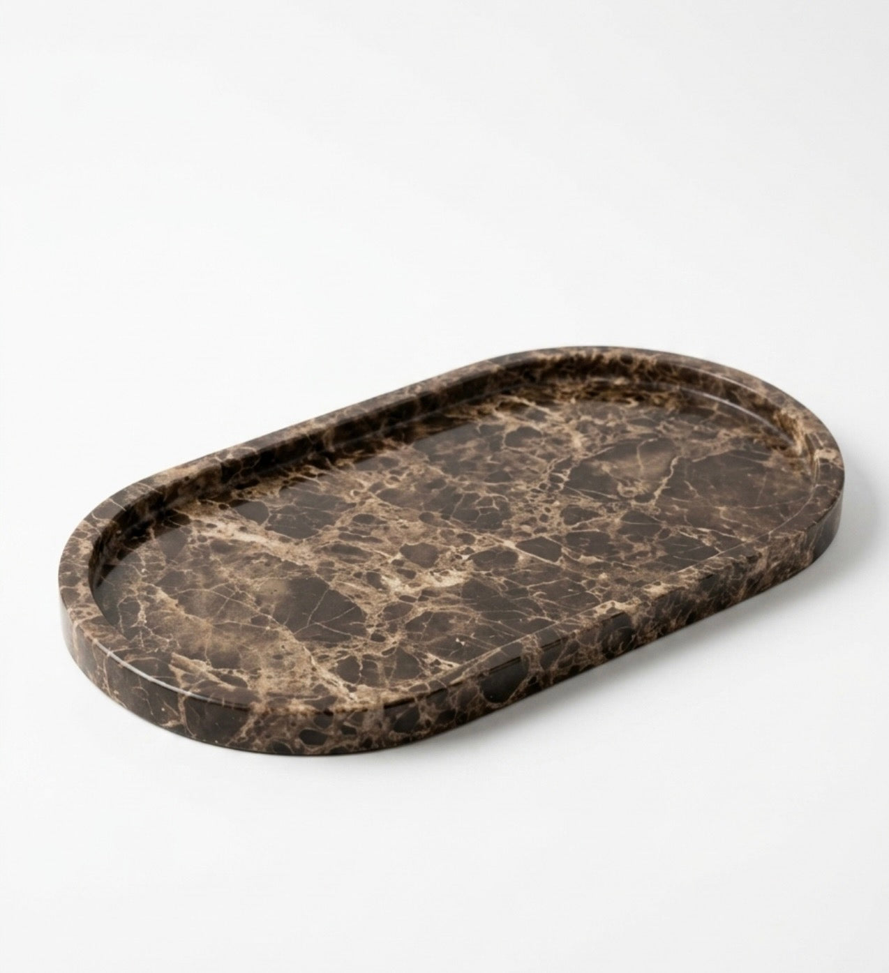 Marble-patterned oval tray on a white background
