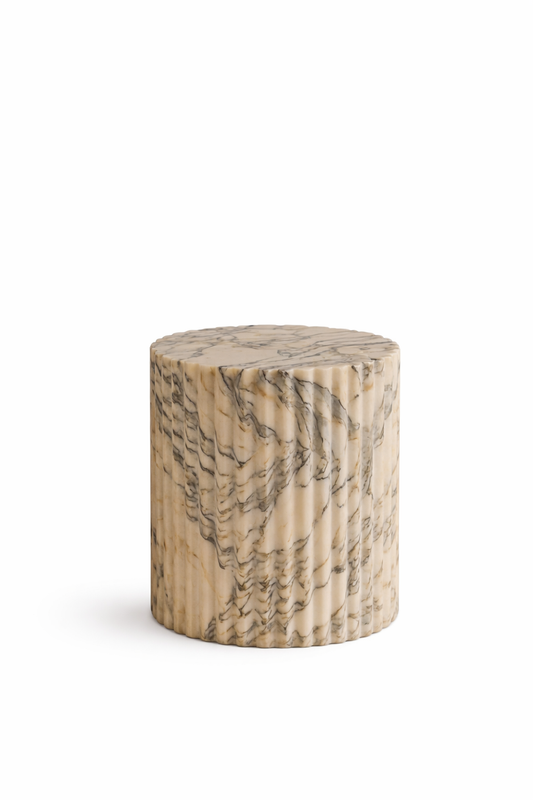 Vyasaara - Marbel cylindrical stool with a natural finish on a white background