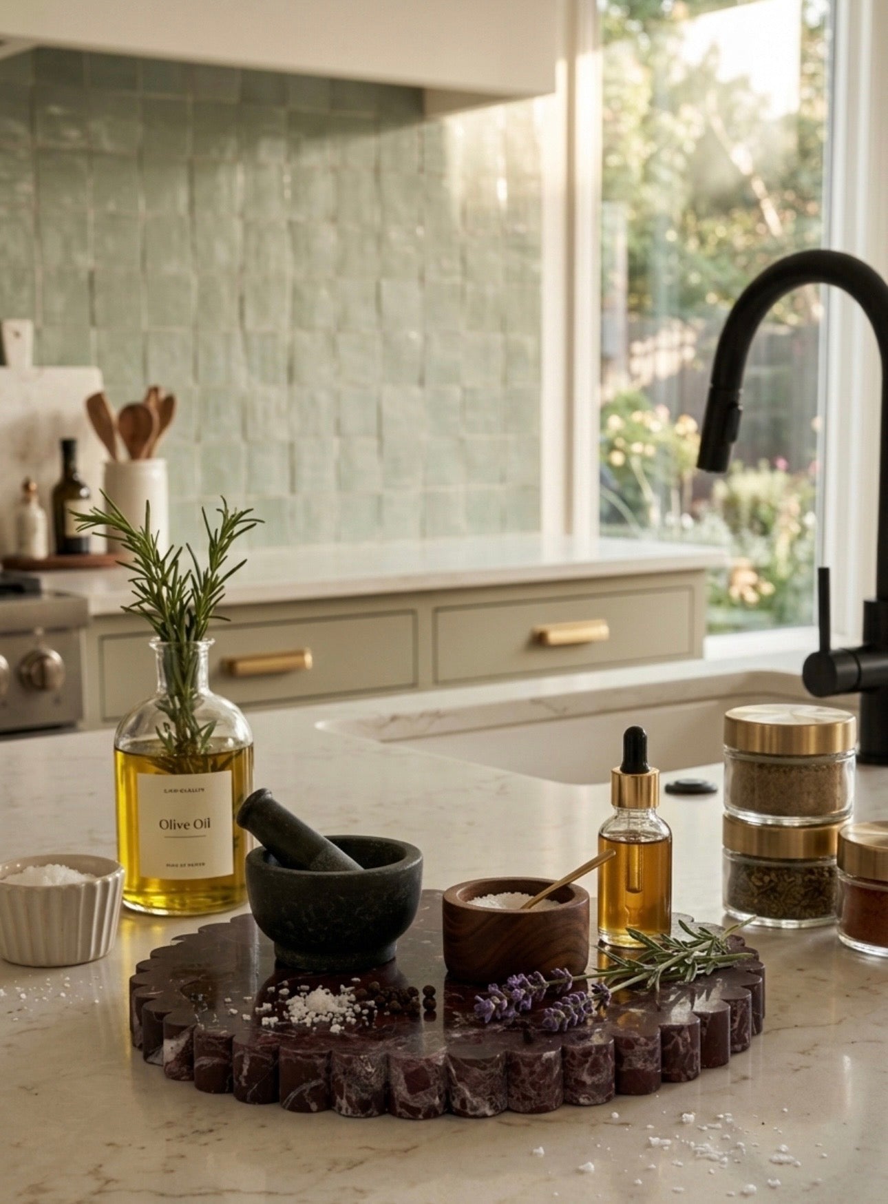 Kitchen counter with cooking ingredients and tools including a bottle of olive oil, a mortar and pestle, and a black cutting board.