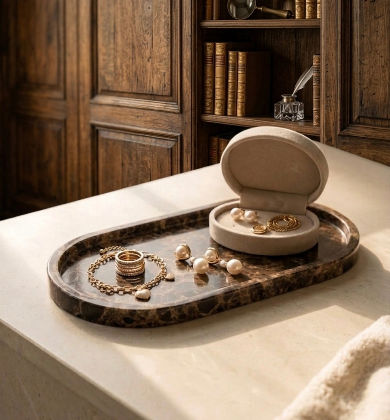 Jewelry on a marble tray with an open jewelry box in a wooden room.